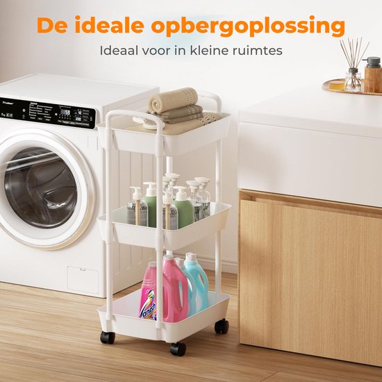 Posity Keukentrolley op wieltjes – Serveerwagen / Opbergtrolley / Keukenrek / Trolley Keuken – Verrijdbaar en Vast – 3 Lagen – Kunststof – Wit