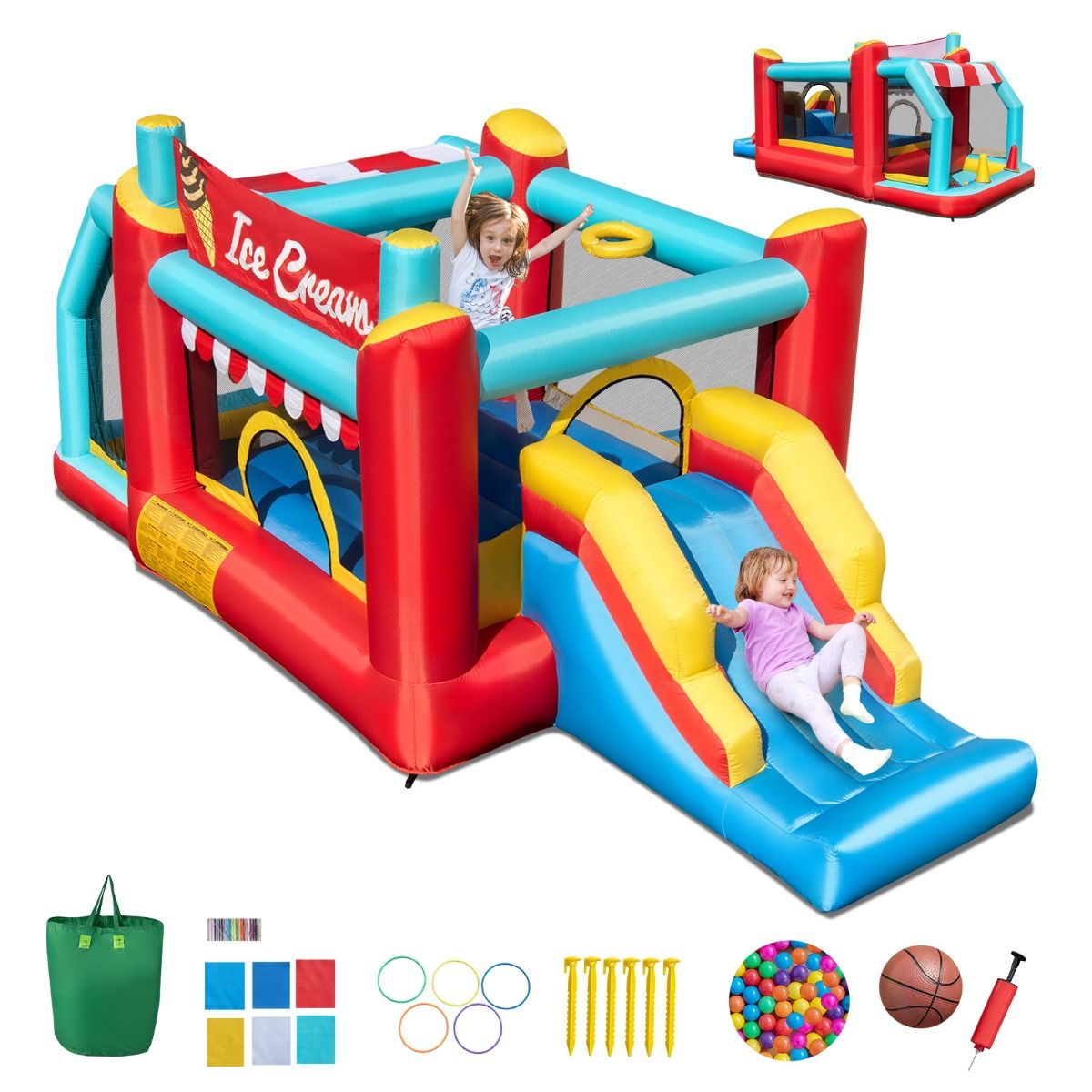 Coast Opblaasbaar Springkussen 5-in-1 - Glijbaan - Ballenbad - Basketbalring - Meerkleurig 485,5 x 239 x 206 cm