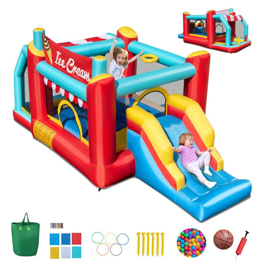 Coast Opblaasbaar Springkussen 5-in-1 - Glijbaan - Ballenbad - Basketbalring - Meerkleurig 485,5 x 239 x 206 cm