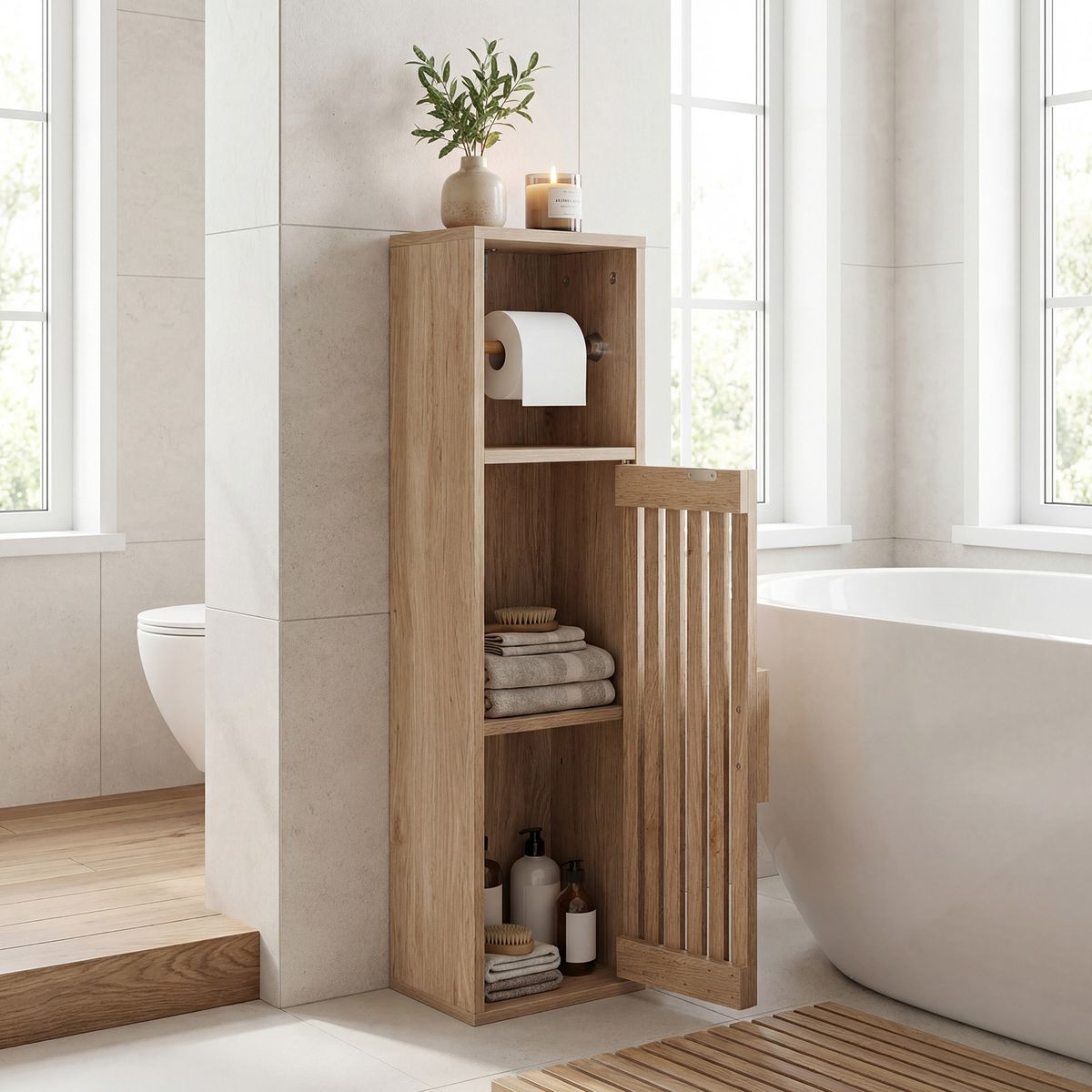 Coast Smalle Badkamerkast - toiletpapierhouder - verstelbare legplank - natuurkleur 20 x 19 x 78 cm