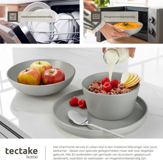 tectake® Serviesset Una - 30-delig - Aardewerk - 6 Persoons - Stijlvol en Duurzaam Servies - Bordenset met Grote en Kleine Borden, Kommen, Schaaltjes - Kopjes - Grijs