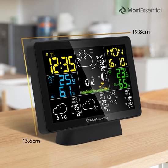 MostEssential Weerstation Wifi Edition - Draadloos Weerstation met Buitensensor - Hygrometer - Binnen en Buiten - 150 Meter Bereik - Inclusief App - Zwart - 2 sensors