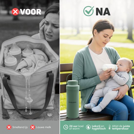 Vulpes Goods® BabyCare – Draagbare Melkkoeler – RVS Fles 750ml + 2x 300ml – Tot 24u Koeling – Lekvrij