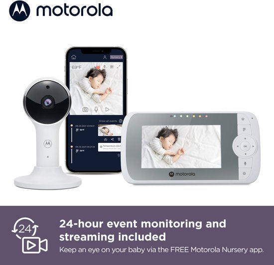 Motorola VM64 Babyfoon met Camera en App – 4.3” WiFi Video Baby Monitor met Smartphone App – 2-weg Audio, Nachtzicht, Temperatuur, Slaapliedjes, Digitale zoom