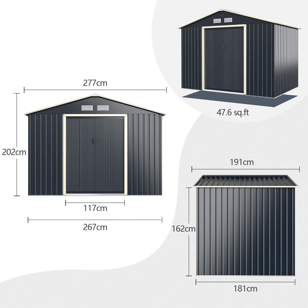Coast Stalen Tuinhuis Multifunctionele Berging - 277 x 191 x 202 cm - Grijs