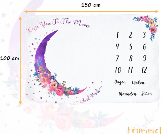 Frummel Mijlpaaldeken ‘Roze Maan’ – Baby Mijlpaaldeken – Kraamcadeau – 100×150 cm