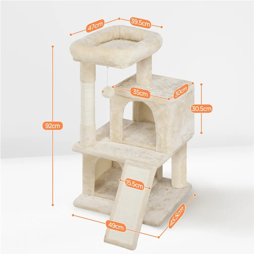 Yaheetech Krabpaal Beige – 91 cm Hoog – Met 2 Kattenhuisjes, Sisal Krabpalen en Speelbal