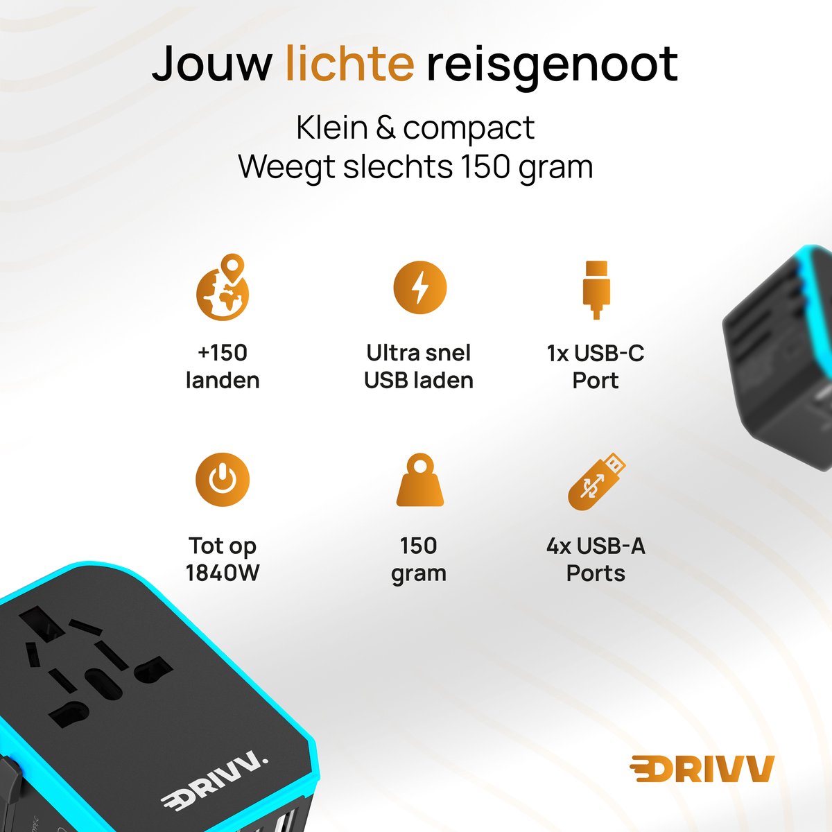 Drivv. Universele Wereldstekker - 4x USB & 1x USB C Fast Charge Travel Adapter - Reisstekker Amerika / Engeland / UK / Canada / Afrika/ Japan / Mexico / Thailand / Zuid Amerika - Type A, B, C, E, F, G, I, J, L, N - 150+ Landen - Reisadapter - Zwart
