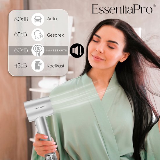Sansbeauté® Föhn met Diffuser – Krullen – 110.000RPM - Ionische Haardroger met Borstel - 3 Standen - 3 Opzetstukken – Reisföhn - Coolshot – Haarföhn met Diffuser – Hair Dryer - 2000W - EssentiaPRO®