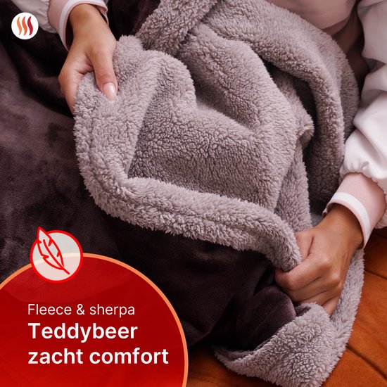 Seranova Elektrische Deken XXL - 180x160 cm - 2 persoons Bovendeken - Warmtedeken - Dubbelzijdig - Fleece Sherpa - Kastanjebruin