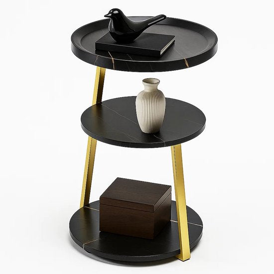 Lomera Moderne Bijzettafel - Zwart Goud - Goudkleurig Metalen Frame - Zwart Gemarmerd - Mdf Materiaal - Ronde Bijzettafel - Woonkamer Tafel - Luxe Design - Marmer Look - Veelzijdigheid & Flexibiliteit - Ruimtebesparend - Stelpootjes