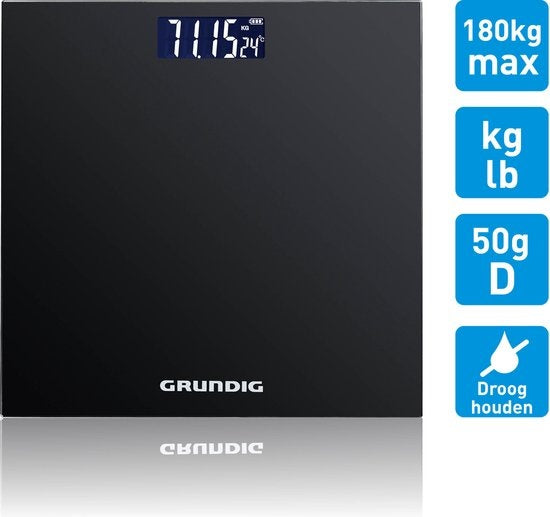 Grundig Weegschaal - Digitale Personenweegschaal - 50 Gram Nauwkeurig - 2 tot 180 Kilo - Zwart