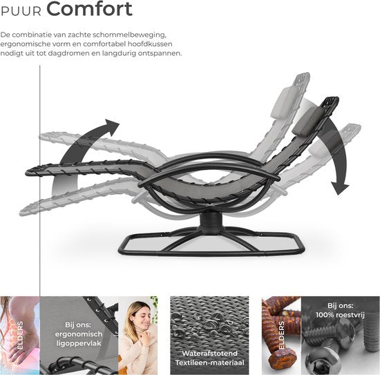 tectake® - Ligstoel Toulon - Ergonomische tuinstoel met schommelfunctie - Verstelbare ligstoel voor tuin, terras, balkon met hoofdkussen en comfortabele armleuningen - 120kg draagkracht - Grijs