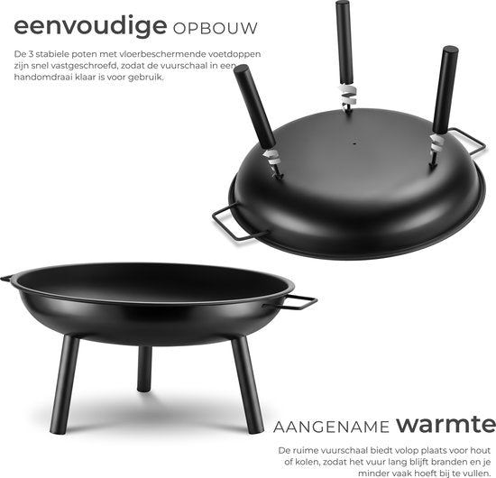tectake® Vuurkorf Diablo - Hittebestendig Staal - Vuurschaal met Vuurpook - Ø 57,5 cm - Tuinhaard - Sfeerhaard voor Buiten - Met Handgrepen en Waterafvoer - Voor Brandhout en Houtskool