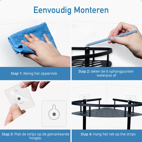 Happy Goods Doucherek - 3 laags - Zelfklevend - RVS - Zwart
