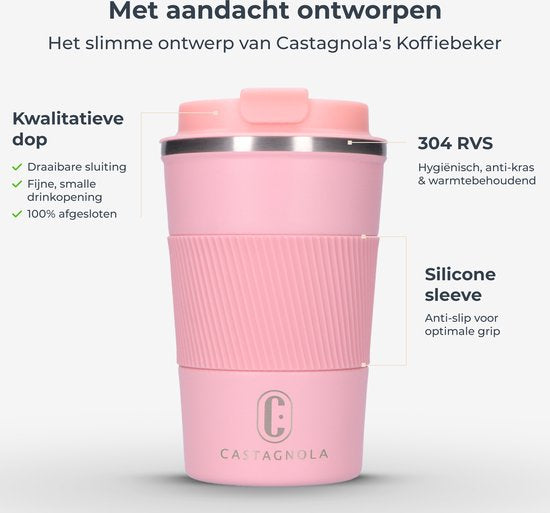 Castagnola Thermosbeker - Koffiebeker To Go - Travel Mug voor Koffie en Thee - Theebeker - 380 ML - RVS - Roze