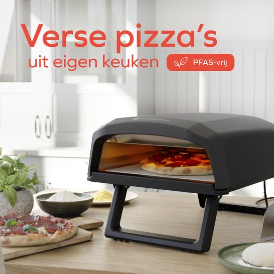 KitchenBrothers Pizza Oven - Elektrisch - Tafelmodel - PFAS-vrij - Inklapbaar - Pizzasteen - Pizza maker - Pizzaoven voor Buiten en Binnen - Zwart/Grijs