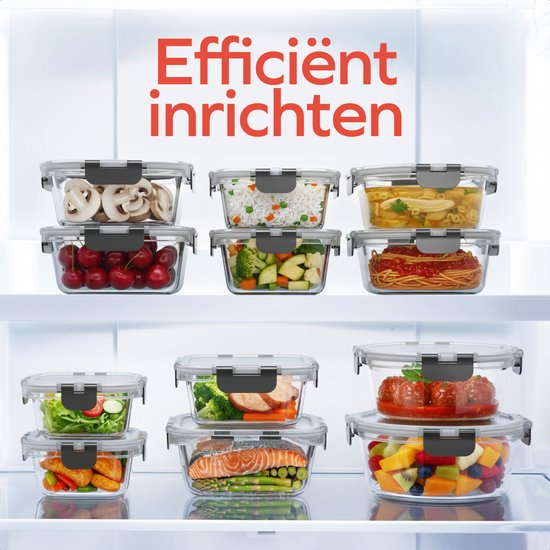 KitchenBrothers Meal Prep Bakjes Set - Glazen Vershoudbakjes - Luchtdicht - BPA-vrij - Diepvriesbakjes - Bewaarbakjes - 6,79L - Glas - 12 Stuks