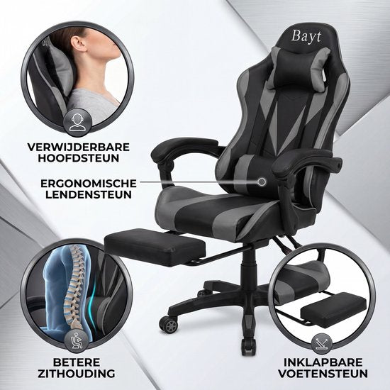 Bayt Gamestoel - Gaming Chair - Gamingstoel - Ergonomische Bureaustoel - Verstelbaar - Zwart en Grijs