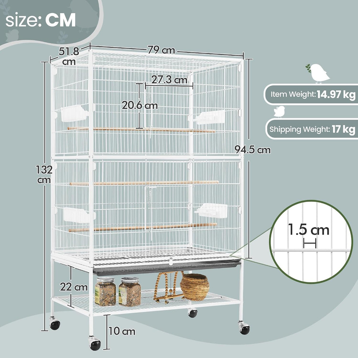 Yaheetech Vogelkooi met Standaard – 79 × 51,8 × 132 cm – Wit – Parkietenkooi met Wielen, 3 Houten Zitstokken en 4 Voederbakken