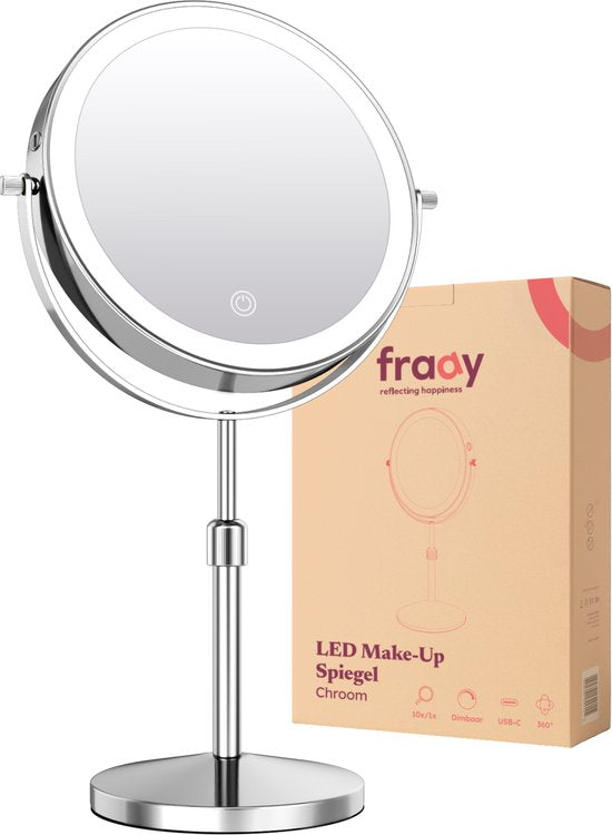 Fraay Make-up Spiegel met LED Verlichting Ø20 cm - 10x Vergroting - Oplaadbaar - Dubbelzijdig - Dimbaar - 3 Lichtstanden - Chroom