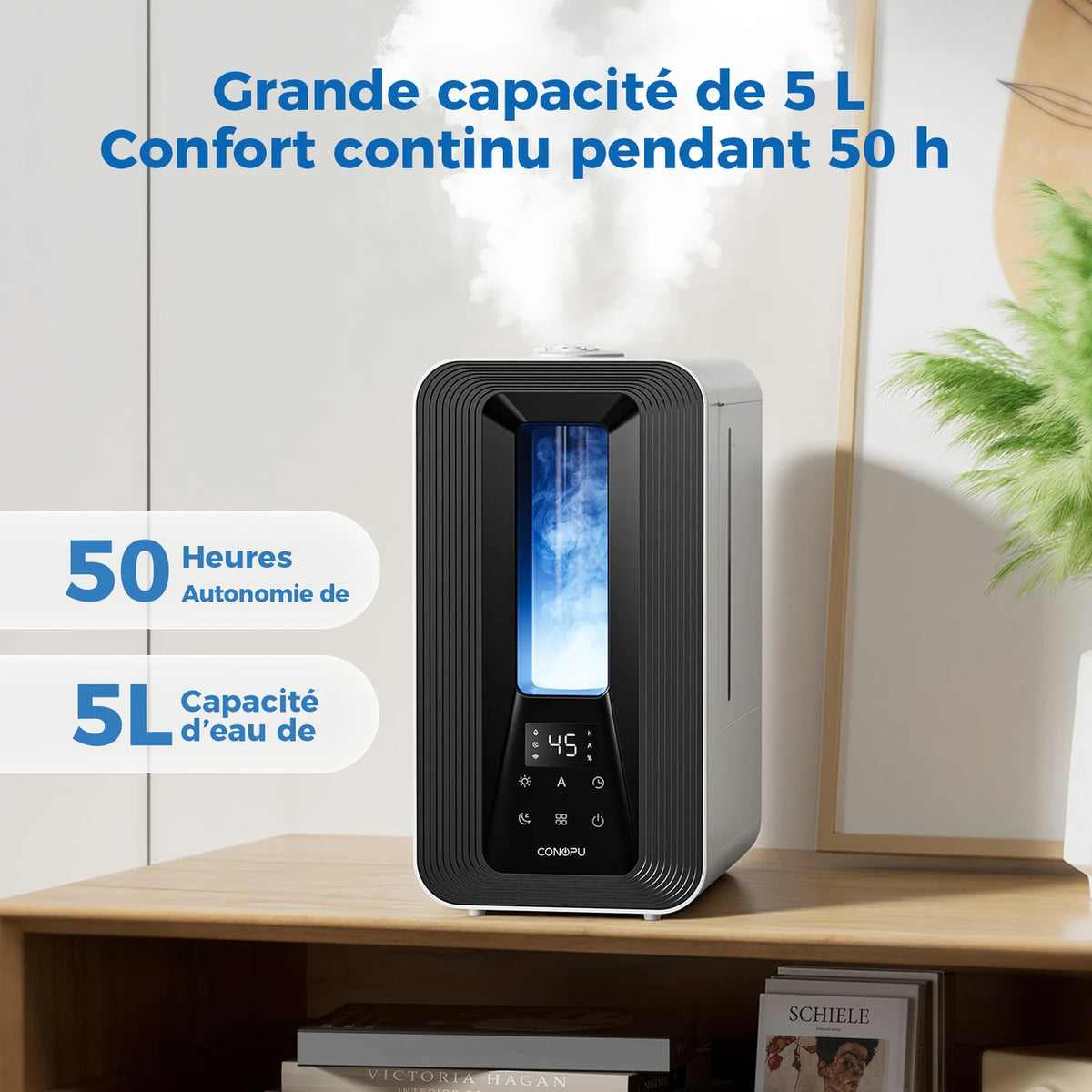 Conopu Ultrasone Luchtbevochtiger 5L - Smart Humidity Control - 360° Sproeikoppen - Aroma Diffuser - LED Sfeerverlichting - Zwart - 170x240x327mm