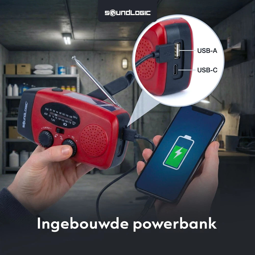 Soundlogic solar opwindbare noodradio - Powerbank 2000 mAh, zaklamp en SOS - Rood - 13 × 4,7 × 6,6 cm