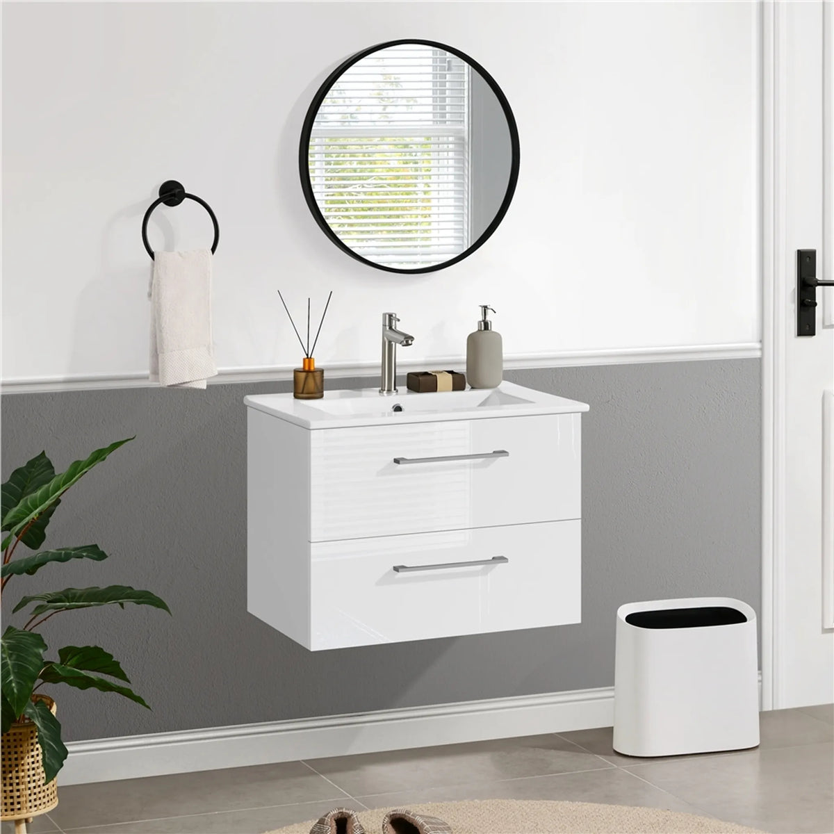 Yaheetech Hangende Wastafelonderkast met Keramische Wastafel - 2-delig - 61 x 39,5 x 45,5 cm - Wit