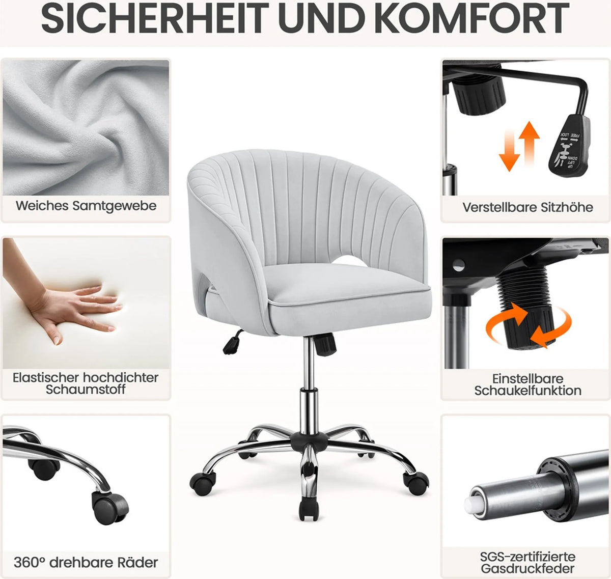Yaheetech Bureaustoel Fauteuil – 60 x 56,5 x 73-83 cm – Voorzien Van Fluweelzachte Bekleding En Verstelbare Zithoogte En Ontspannende Schommelfunctie – Voor Kantoor En Ontvangsthal – Lichtgrijs Polyester En Metaal