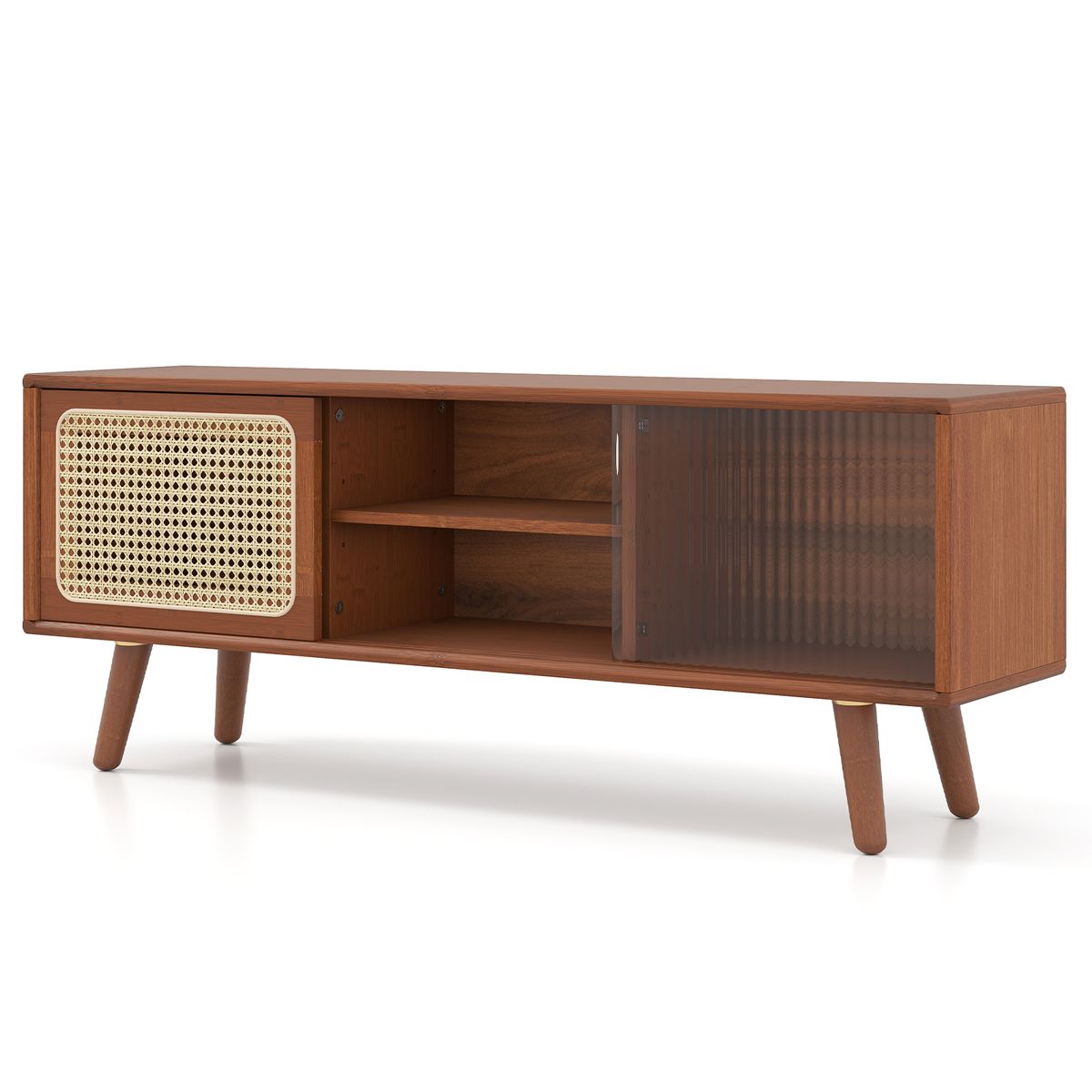 Coast TV-meubel - bamboe met rieten en glazen schuifdeur - verstelbare plank - bruin - 120,5 x 31 x 45,5 cm