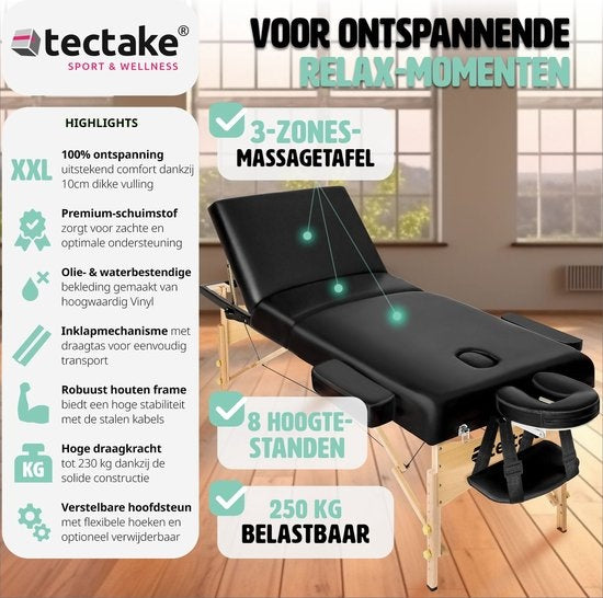 tectake® - Massagetafel behandeltafel met matras van 10 cm hoog + draagtas - extra dikke vulling, water- en oliebestendige vinylhoes, opvouwbaar ontwerp, inclusief opbergtas, ideaal voor salon, tatoeage, therapie - zwart
