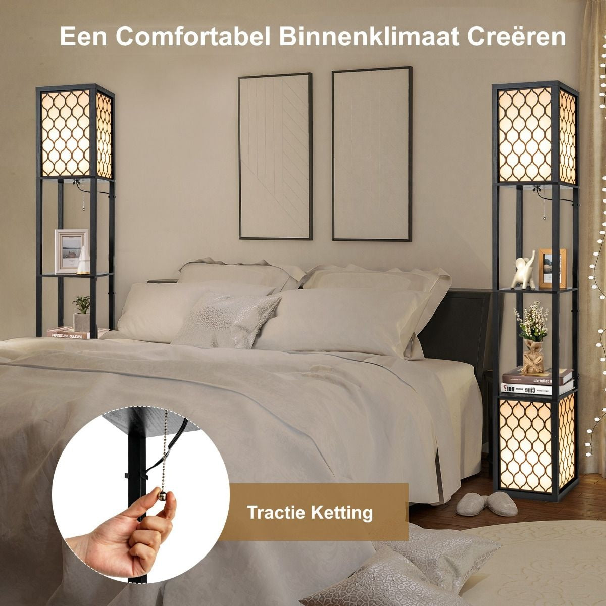 Coast Moderne Vloerlamp met Twee Lagen Houten Plank & Witte Lampenkap - 26 x 26 x 156 cm