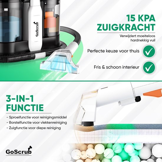 GoScrub Tapijtreiniger – Incl. Accessoires & Schoonmaakmiddel – 600 W – 18 x 35 x 30 cm – Zwart/Wit