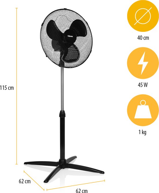 Statiefventilator 40 cm – 45W – 3 Snelheden – 85° Oscillatie – In Hoogte Verstelbaar – Tristar VE-5756 – Zwart