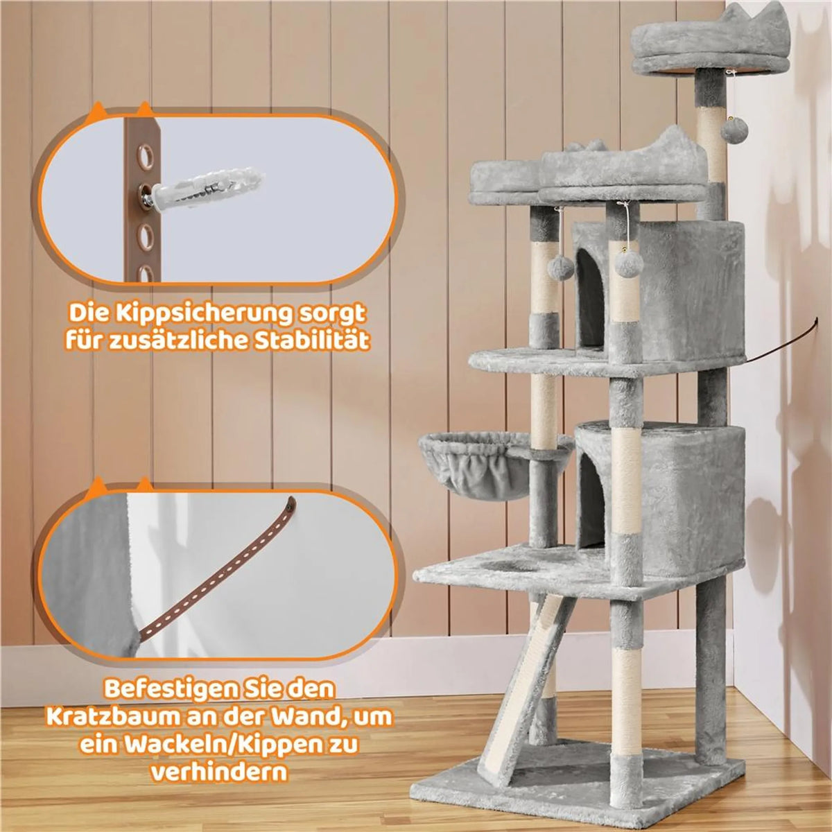 Yaheetech Krabpaal XXL Met 3 Uitkijkplatformen – Voorzien Van 2 Kattenholen En Krabplank En Anti-kantelsysteem – Voor Huishoudens Met Meerdere Katten – Lichtgrijs Pluche En Sisal – 55,5 x 55,5 x 175 cm
