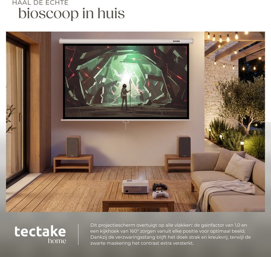 tectake® Beamer Scherm - 84 Inch (214 cm) - 16:9 Projectiescherm - Wand of Plafond Montage - 4K HD - Oprolbaar - Uittrekbaar - Projectiedoek - Presentatiescherm - Home Cinema - Inclusief Montagemateriaal