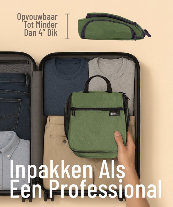 D&D Wanderlust Toilettas met Haak - Ophangbare Luxe Travel Organizer met 10 vakken - Groen - Unisex Dames & Heren - 6 liter inhoud - Reis Toilettas Hangend Groot - Make up Tasje