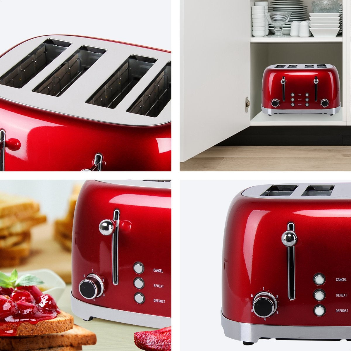 KitchenBrothers Retro Broodrooster - 6 Warmteniveaus - 4 Extra Brede Sleuven - 1630W - Reheat en Ontdooi-functie - Rood