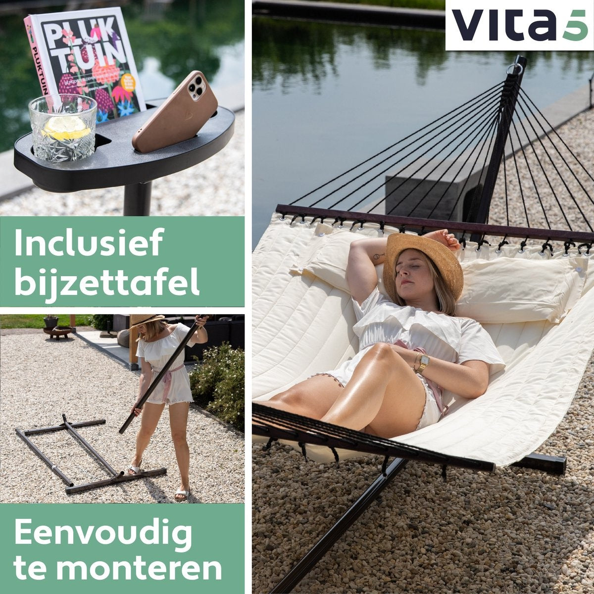 Vita5 Hangmat met Standaard en Spreidstok – 2 Persoons, Incl. Bekerhouder  – max. 200 kg – 350 x 120 x 140 cm – Beige