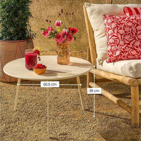 Mica Decorations Seatle Bijzettafel Rond voor Buiten - Koffietafel - Salontafel Buiten - Ook als Plantentafeltje of Plantenstandaard - Metaal - 38 x 61 cm - Creme