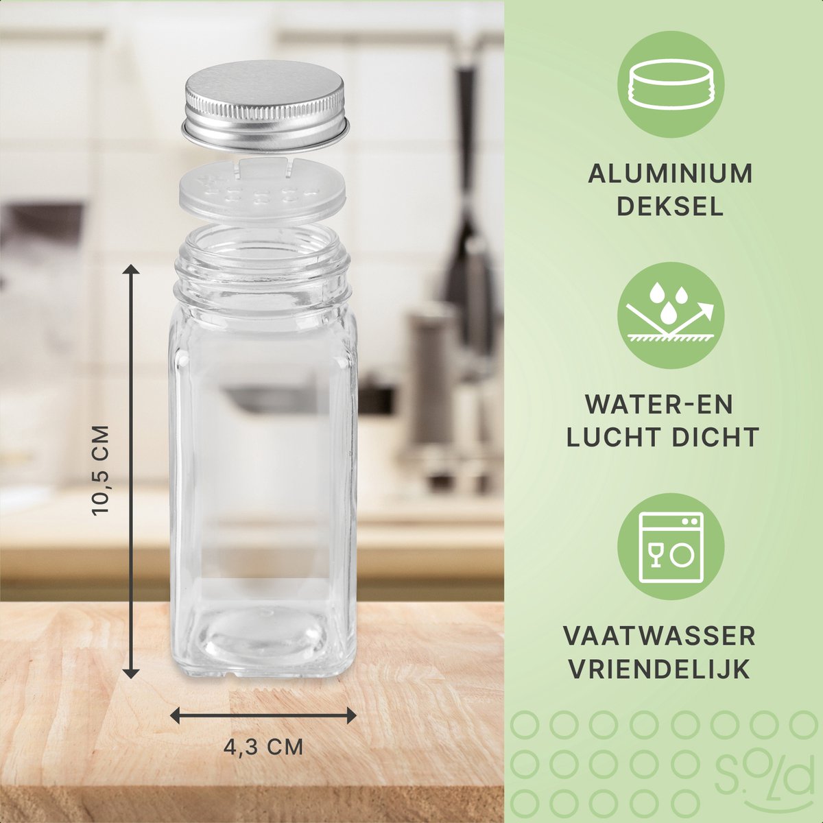 S.old - 36 Vierkante Glazen Kruidenpotjes met Metalen Deksel - Kruidenstrooier - Complete Set met Strooideksels - Voorbedrukte Stickers en Trechter - Inhoud 120 ml - 10,5 x 4,3 cm - Glas