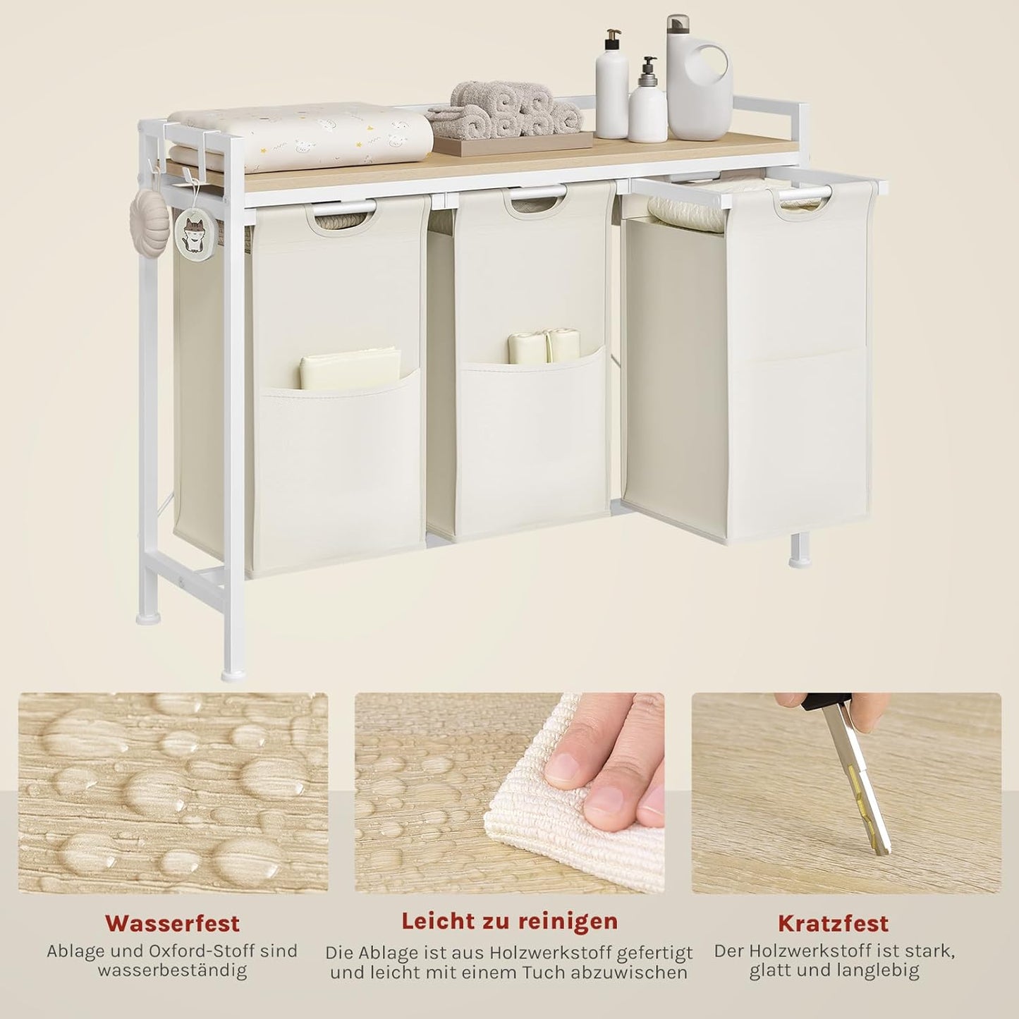WOLTU - Wasmand met 3 vakken 3x40 l - Was sorteerder met plank - Wit en licht eiken 96 x 71 x 30 cm