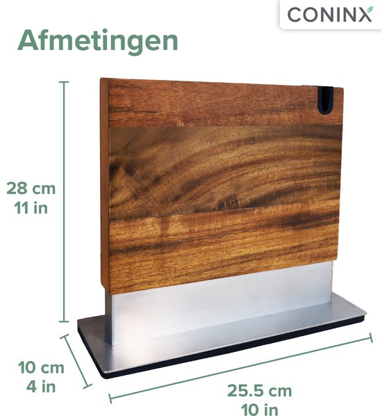 Coninx Vertico Messenblok Magnetisch - Messenmagneet met messenslijper - RVS Voet - Magneet Tweezijdig - Messenblok zonder messen - RVS / Acaciahout