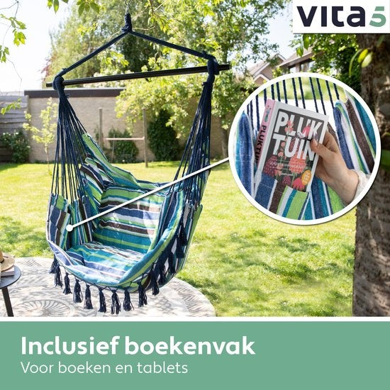 Vita5 XXL Hangstoel | Binnen&Buiten Hangnest | Incl. 2 Kussens en Boekenvak | Volwassenen&Kinderen | Hangmatstoel tot 200kg | Blauw/Groen/Wit