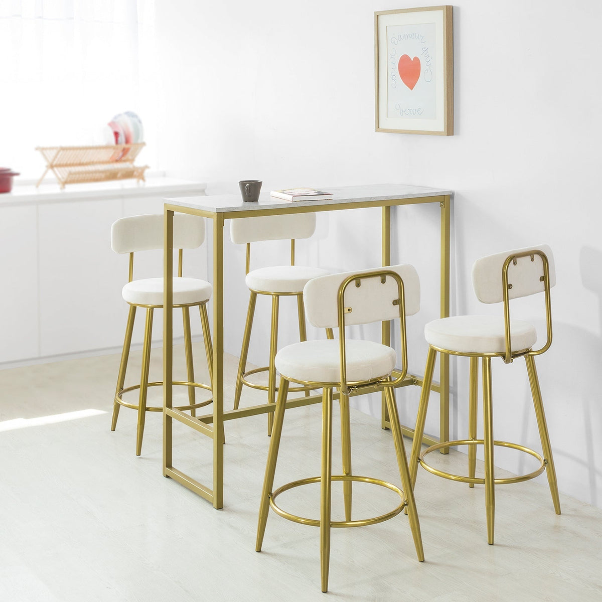 SoBuy Bartafel hoog - Max. 50 kg - Marmer Effect - 100 x 40 x 106 cm - Wit / Goud