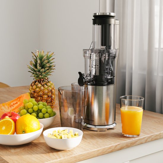 KitchenBrothers Slowjuicer - Sapcentrifuge - Verticaal - Juicer - Groenten en Fruitpers - 80 mm - 750 ml - Grijs