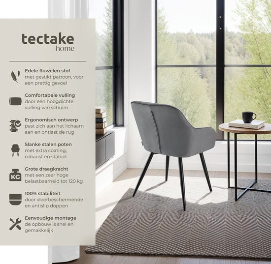 tectake®- Fluwelen stoel met gestikt patroon - Moderne eetkamerstoel - Kuipstoel - Woonkamer, eetkamer, lounge of kaptafelstoel - Div. kleuren - Grijs/zwart