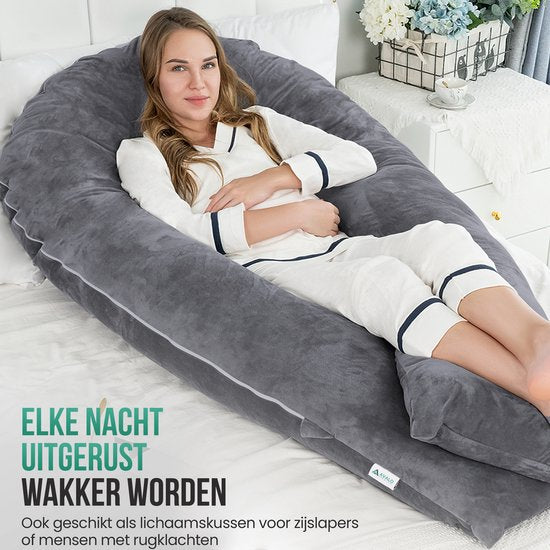 Avalo Zwangerschapskussen XXL 280 cm - U-Vorm Voedingskussen & Zijslaapkussen - Body Pillow - Lichaamskussen - Donkergrijs