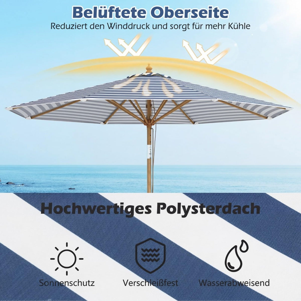 Coast houten parasol 270 cm - blauw/wit gestreept