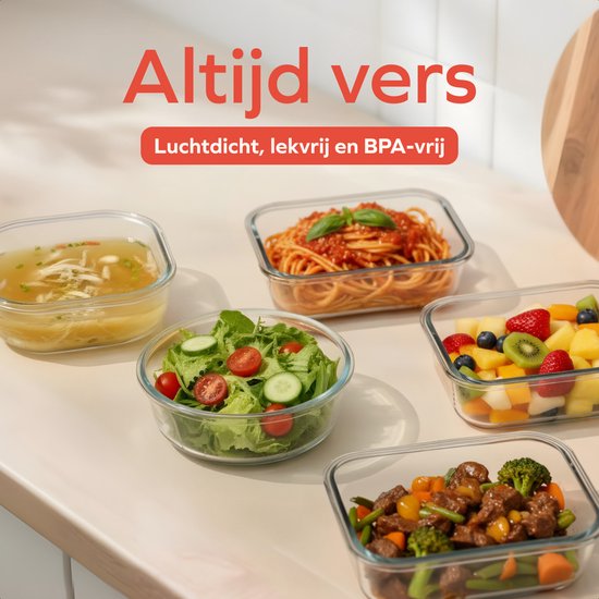 KitchenBrothers Meal Prep Bakjes Set - Glazen Vershoudbakjes - Luchtdicht - BPA-vrij - Diepvriesbakjes - Bewaarbakjes - 6,79L - Glas - 12 Stuks
